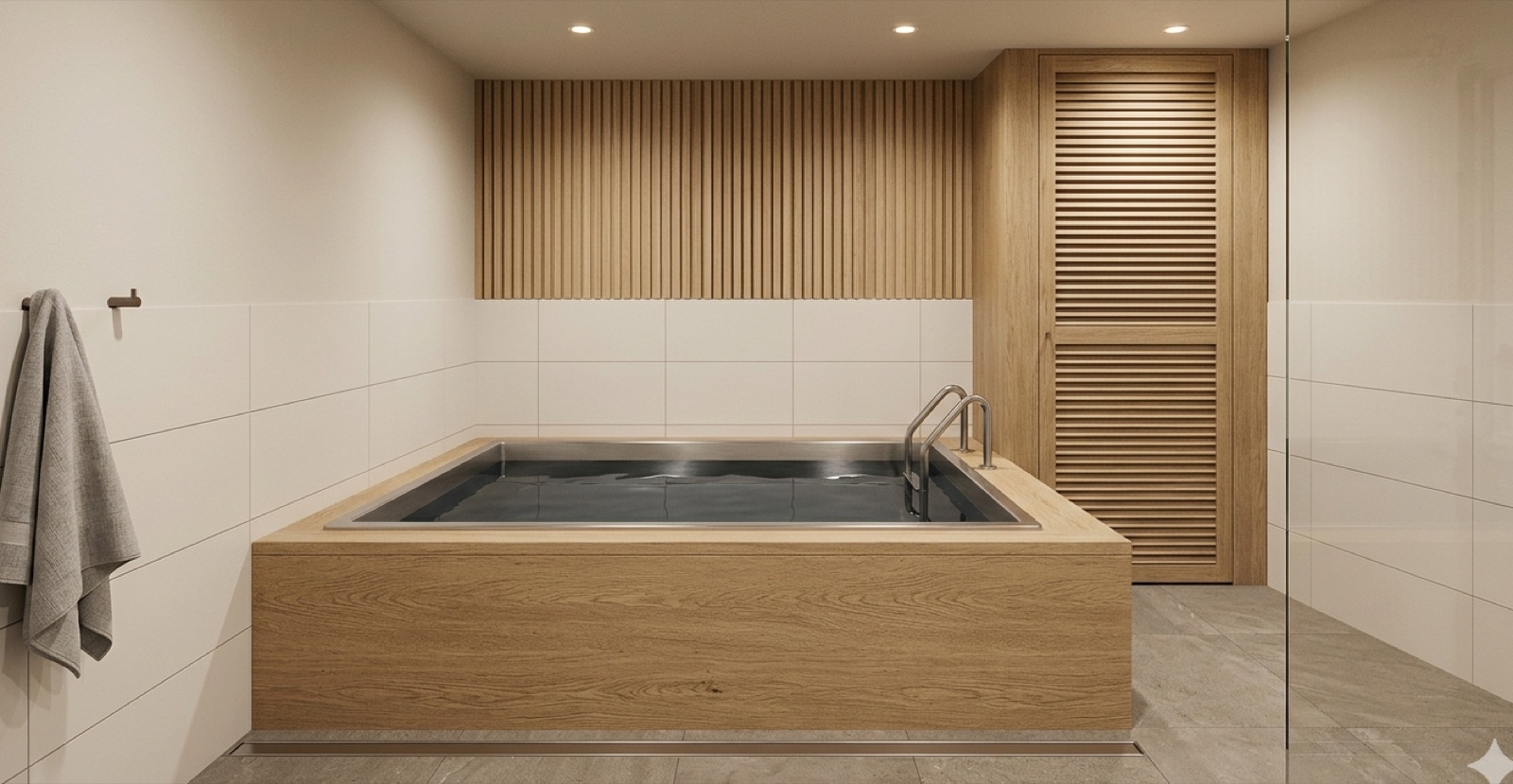 Installed cold plunge — built-in timber-clad steel tub, tiled wet zone, linear stainless drain.