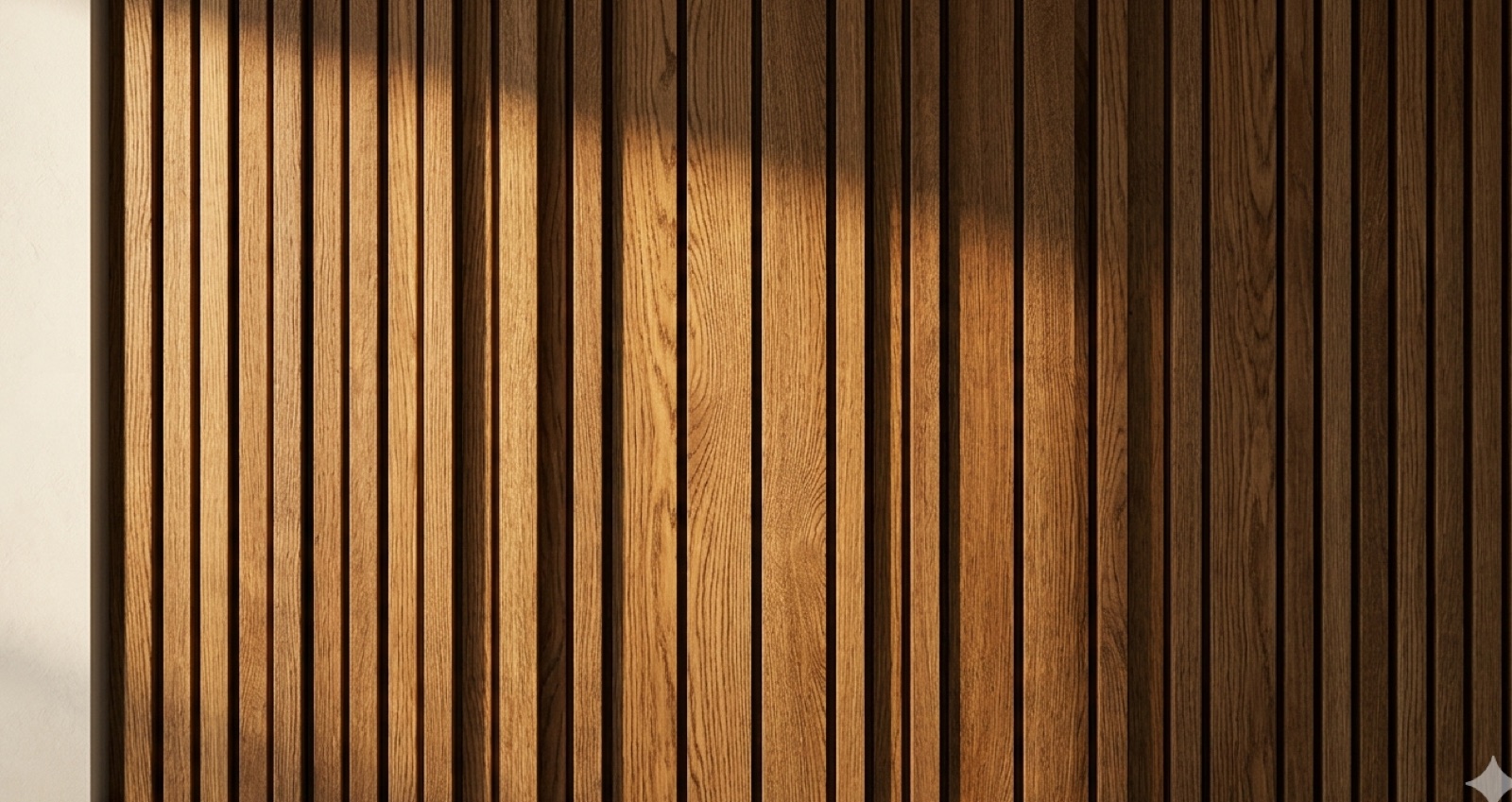 Feature wall detail — solid thermally-modified oak slats with concealed fixing, raking warm light.