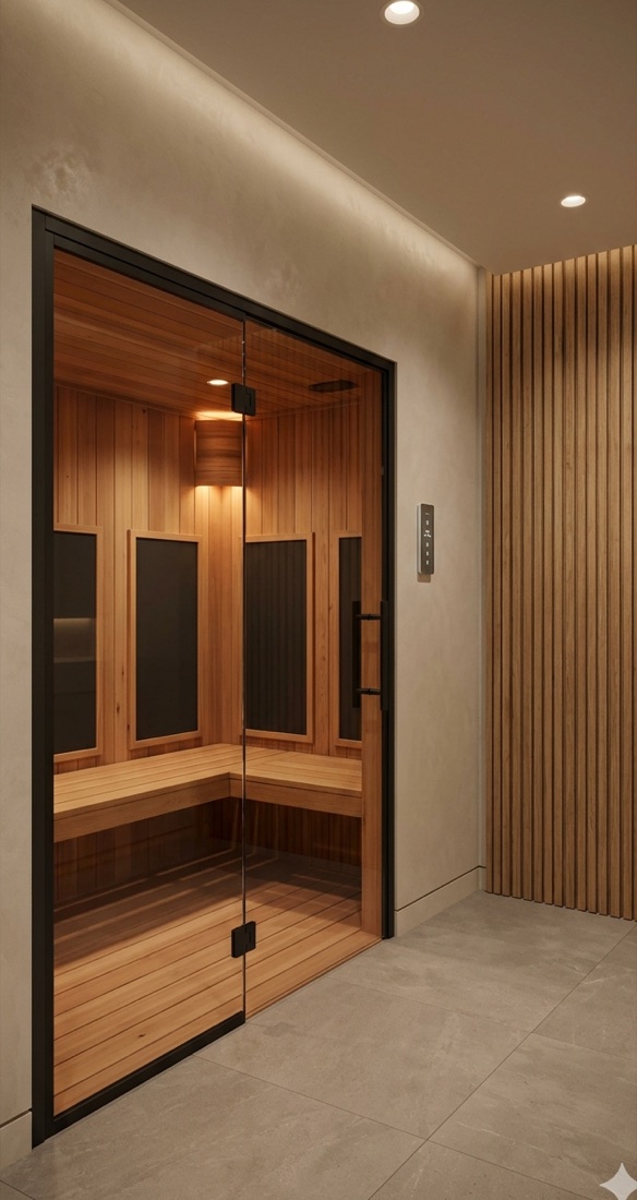 Installed infrared sauna cabin — cedar lining, glass door, low-profile infrared panels, integrated oak bench.
