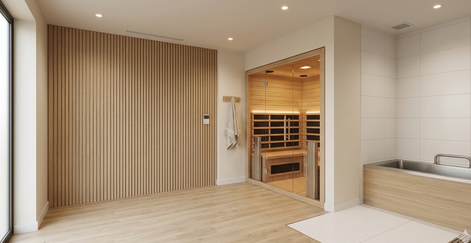 Horizon suite — oak slat wall, a timber-lined infrared sauna cabin and a built-in cold plunge under warm indirect light.