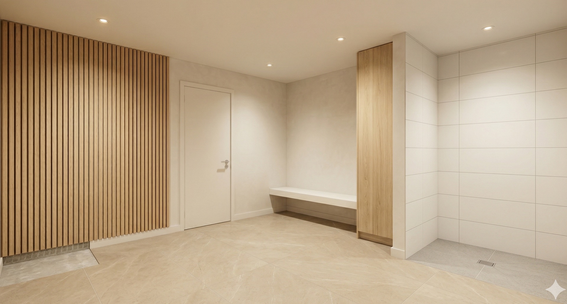 Datum suite — neutral plaster walls, timber-effect slat feature wall, large-format tile floor under soft recessed light.