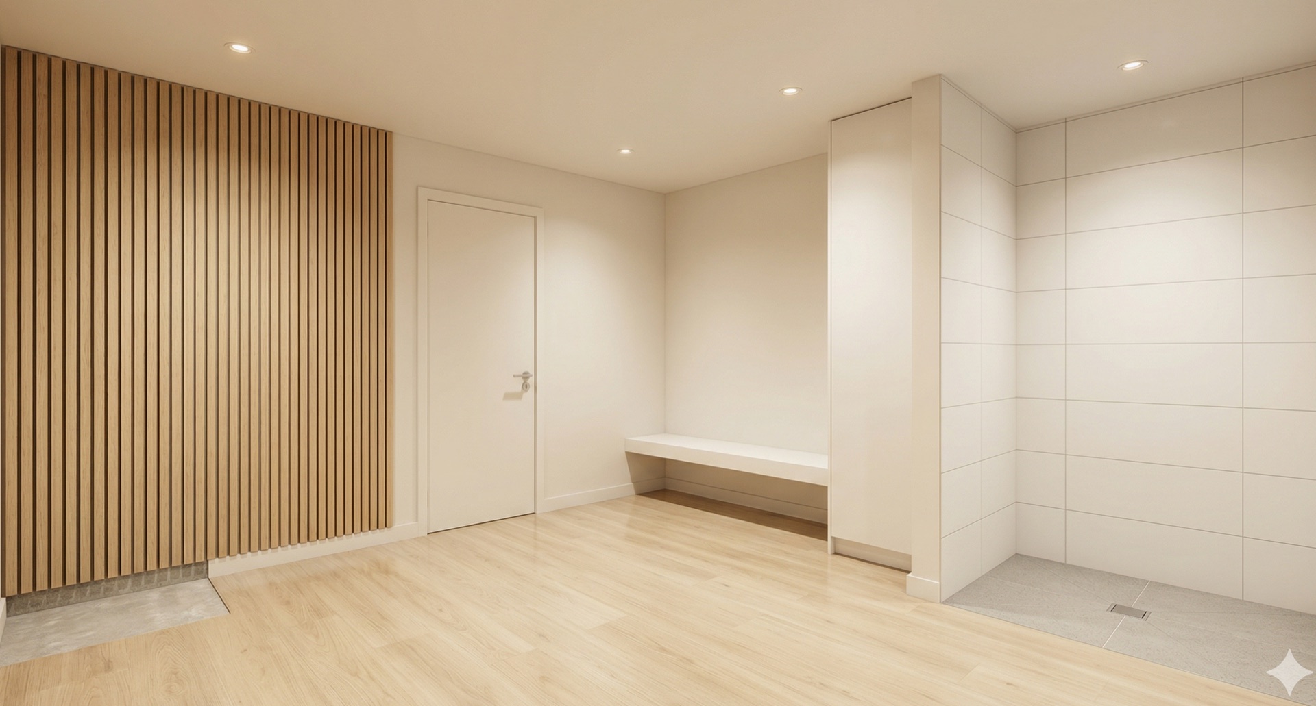 Datum suite — neutral stone-effect floor, plaster walls and recessed lighting.